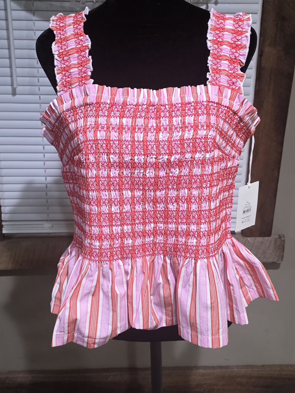 Pink Striped Smocked Peplum Tank Top
